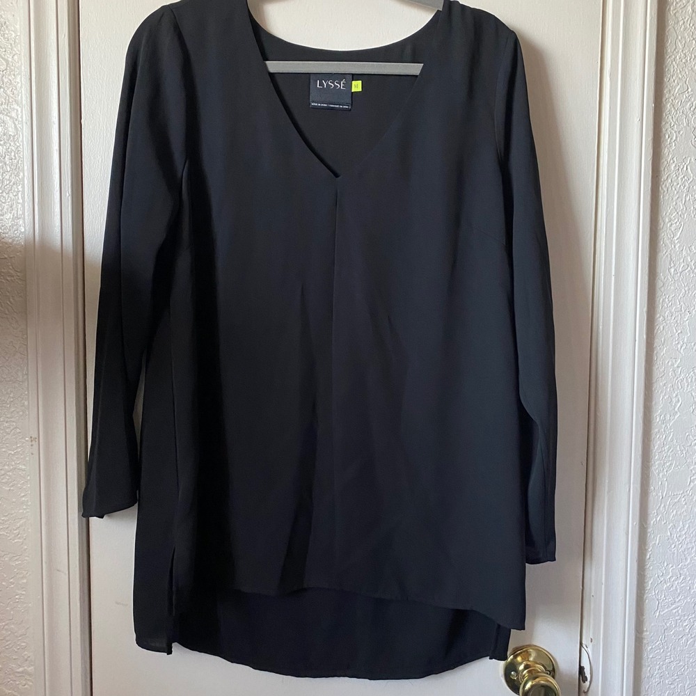 Lysse Black Tunic Top Blouse Long Sleeve V Neck Hi Low Hem Womens Size M